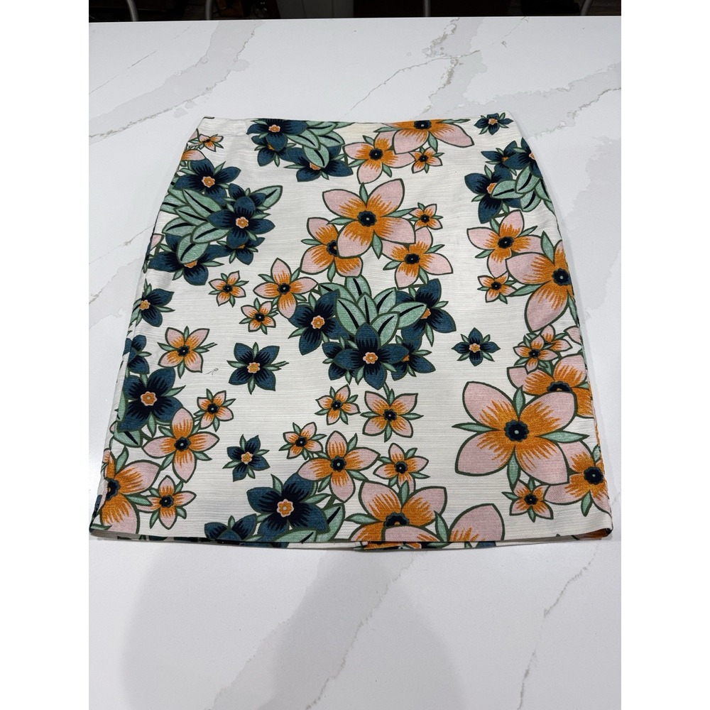 Ann Taylor Orange & Green Tropical Floral Pencil‎ Skirt Stretch Lined Textured